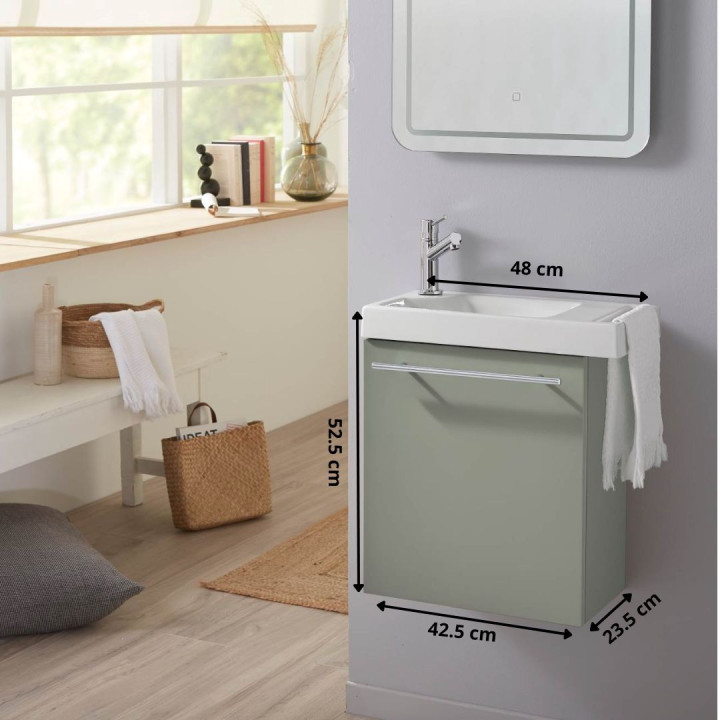Pack lave-mains vert de gris avec porte serviette en céramique robinetterie eau froide à gauche