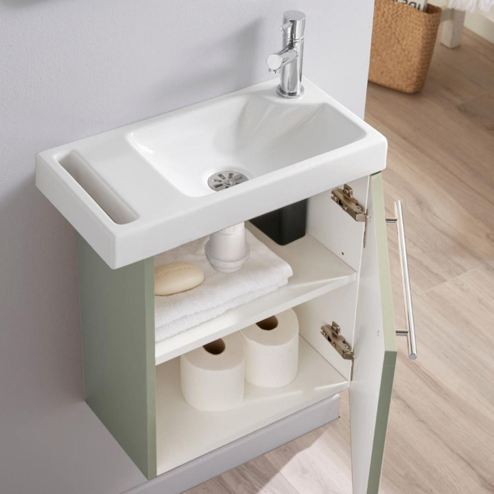 Pack lave mains couleur vert de gris avec lave mains et porte serviette intégré + mitigeur à droite
