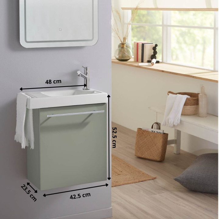 Pack lave mains couleur vert de gris avec lave mains et porte serviette intégré + mitigeur à droite