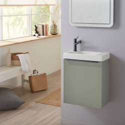 meuble lave-mains pour wc coloris vert de gris avec robinetterie et poignée noires